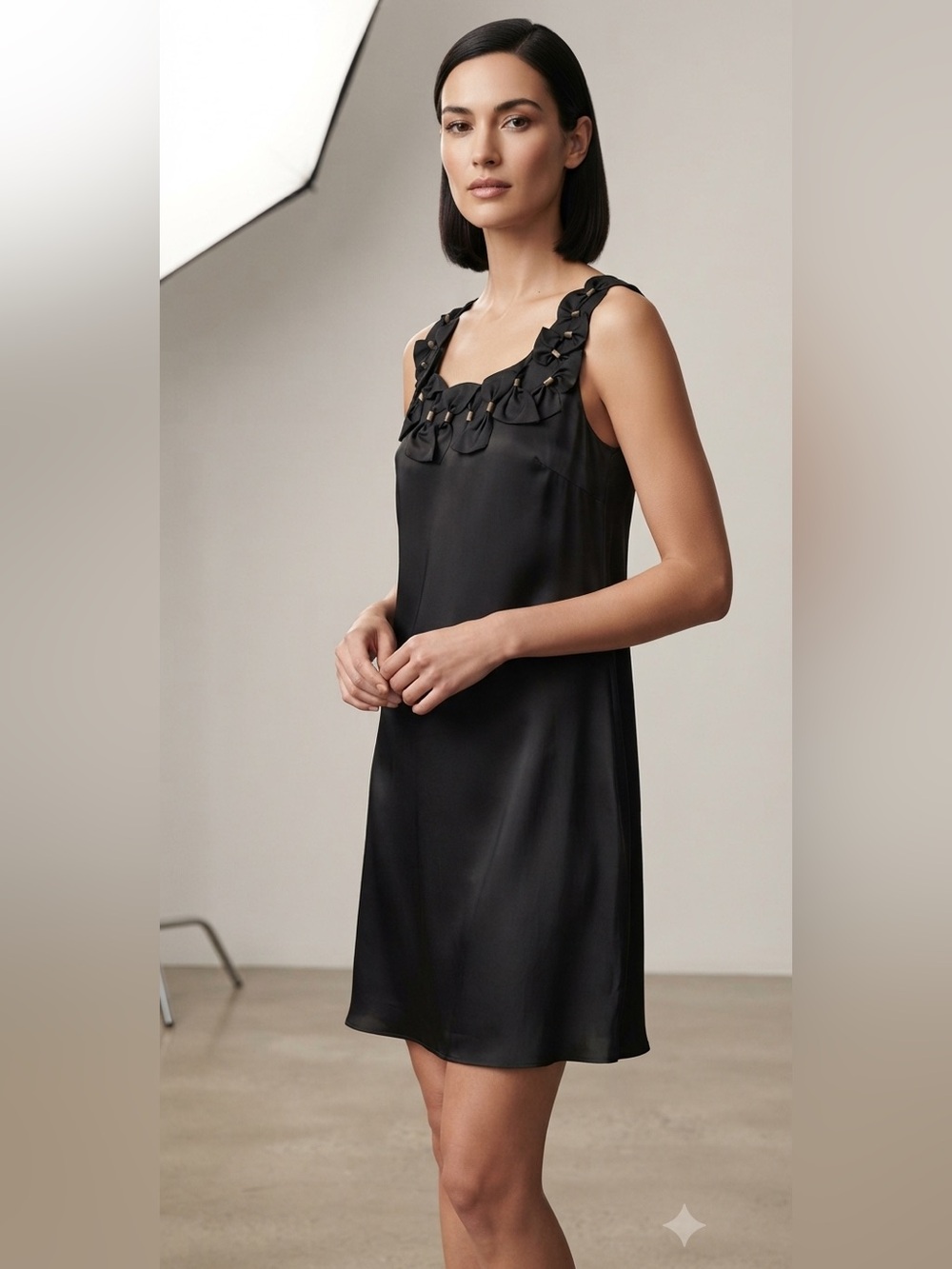 cynthia steffe black silk shift dress with bow neckline